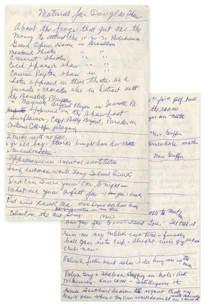 Moe Howard Handwritten Notes Entitled ''Material for [Mike] Douglas Show'', Circa 1973 -- Two Pages in Blue Pen on 1 Sheet Measuring 5'' x 7.5'' -- Very Good to Near Fine